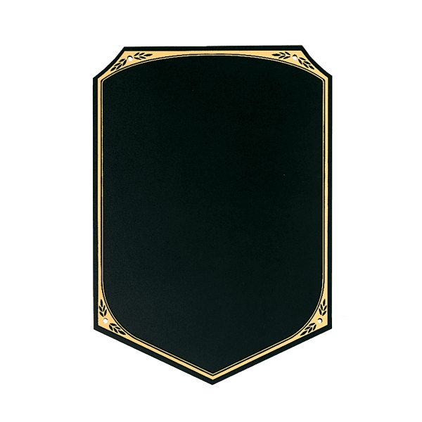 7″ x 10″ Black Brass Plate with Pointed Bottom, Gold Leaf Florentine Border, and Four Holes