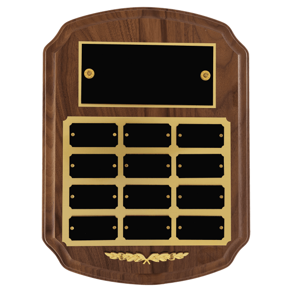 9″ x 12″/Plates 1″ x 2″ American Walnut 12 Plate Perpetual Plaque with Black Brass Plates/Gold Trim