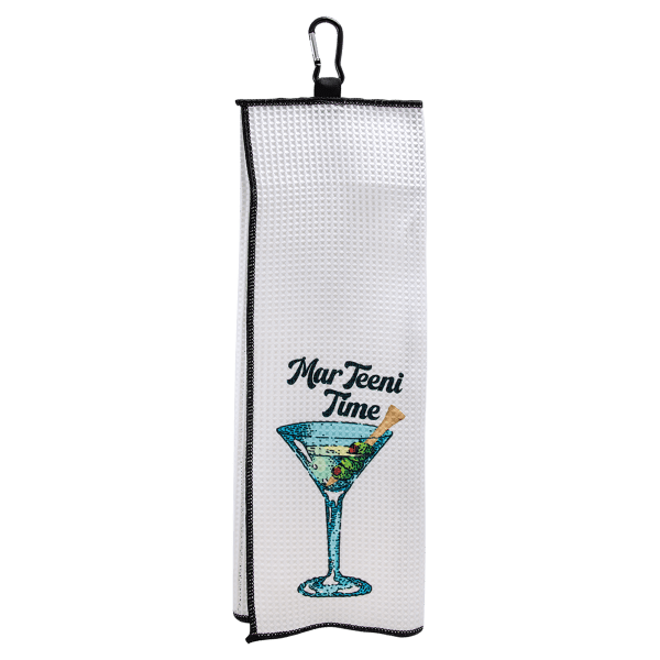 17″ x 17″ White Trifold Sublimatable Golf Towel with Black Border and Carabiner