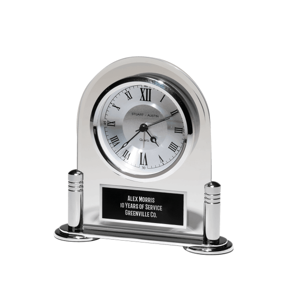 6 1/8″ x 6″ Desk Clock with Beveled Glass Upright, Silver Metal Base, 3 Hand Movement Black Plate