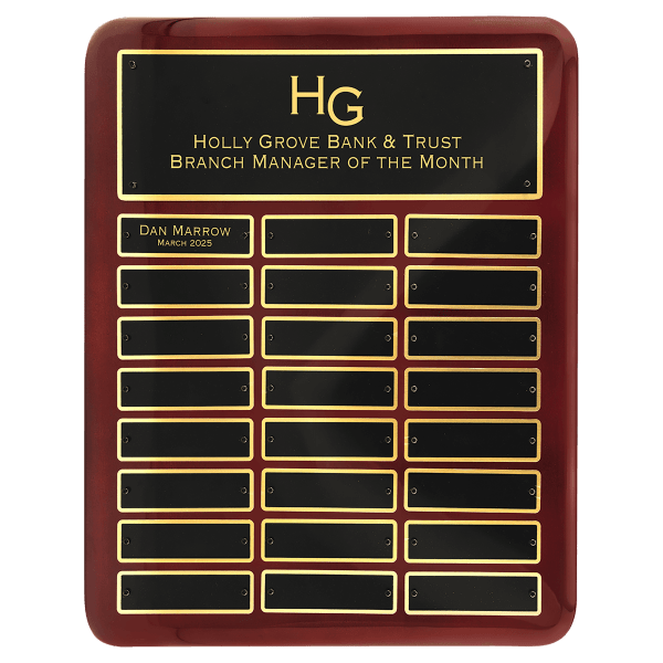 12″ x 15″ Rosewood Piano Finish 24 Plate Perpetual Plaque with Laserable Black Brass Plates