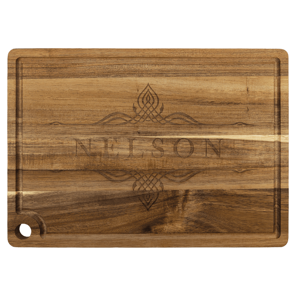 13 3/4″ x 9 3/4″ Acacia Cutting Board with Drip Ring and Corner Hole