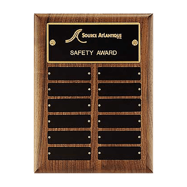9″ x 12″/Plates 1″ x 3 1/4″ American Walnut 12 Plate Perpetual Plaque with Black Brass Plates