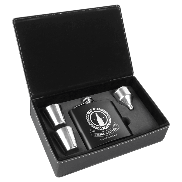 6 oz. Black Stainless Steel Flask Set in Black/Silver Laserable Leatherette Box