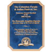 6" x 8 1/2" Sapphire Marble Laser Engravable Brass Plated Steel Plate with Notched Corners, Gold Florentine Border and Four Holes