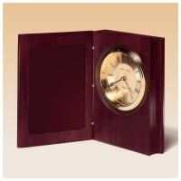 9" x 6 3/4" Hand Rubbed Mahogany Finish Book Clock, Diamond Spun Dial, 3 Hand Movement-Black Laserable Plate Not Included