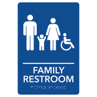 Family Accessible Restroom Pre-Designed ADA Sign, Blue/White, 6" x 9"