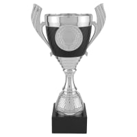 10 3/4" Silver with Black Completed Plastic Cup Trophy with Black Marble Base