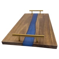 18" x 9" Acacia Serving Tray with Blue Pearl Resin and Gold Handles