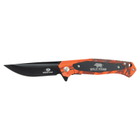Bison River 4 1/2" Orange Camo Everyday Carry Knife with Laserable Black Anodized Aluminum Plate- Official Mossy Oak Country Roots Camo Pattern