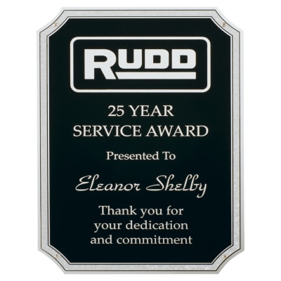 7" x 10" Black Textured Polished Aluminum Plate with Notched Corners, Silver Florentine Border, and Four Holes
