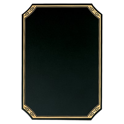 7" x 10" Black Laserable Brass Plate with Notched Corners, Gold Florentine Design Border and Four Holes (Fits P1643)