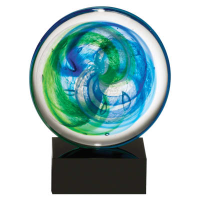 7 1/4" Disk Art Glass w/Blue and Light Green Accent on Black Glass Base-No Plate