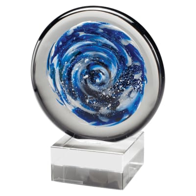 7" Blue and White Disc Art Glass on Clear Glass Base-No Plate