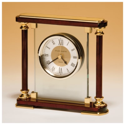 7" x 7" Glass and Rosewood Piano Finish Clock with Gold Metal Accents-Plate Not Included