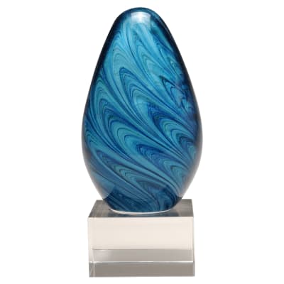 6 1/4" Blue and Green Egg Shaped Art Glass on Clear Glass Base-No Plate