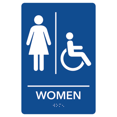 Women Accessible Restroom Pre-Designed ADA Sign, Blue/White, 6" x 9"
