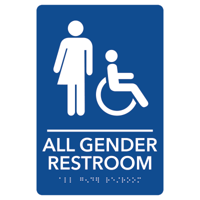 All Gender Assessible Restroom Pre-Designed ADA Sign, Blue/White, 6" x 9"