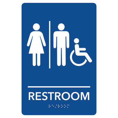 Unisex Accessible Restroom Pre-Designed ADA Sign, Blue/White, 6" x 9"