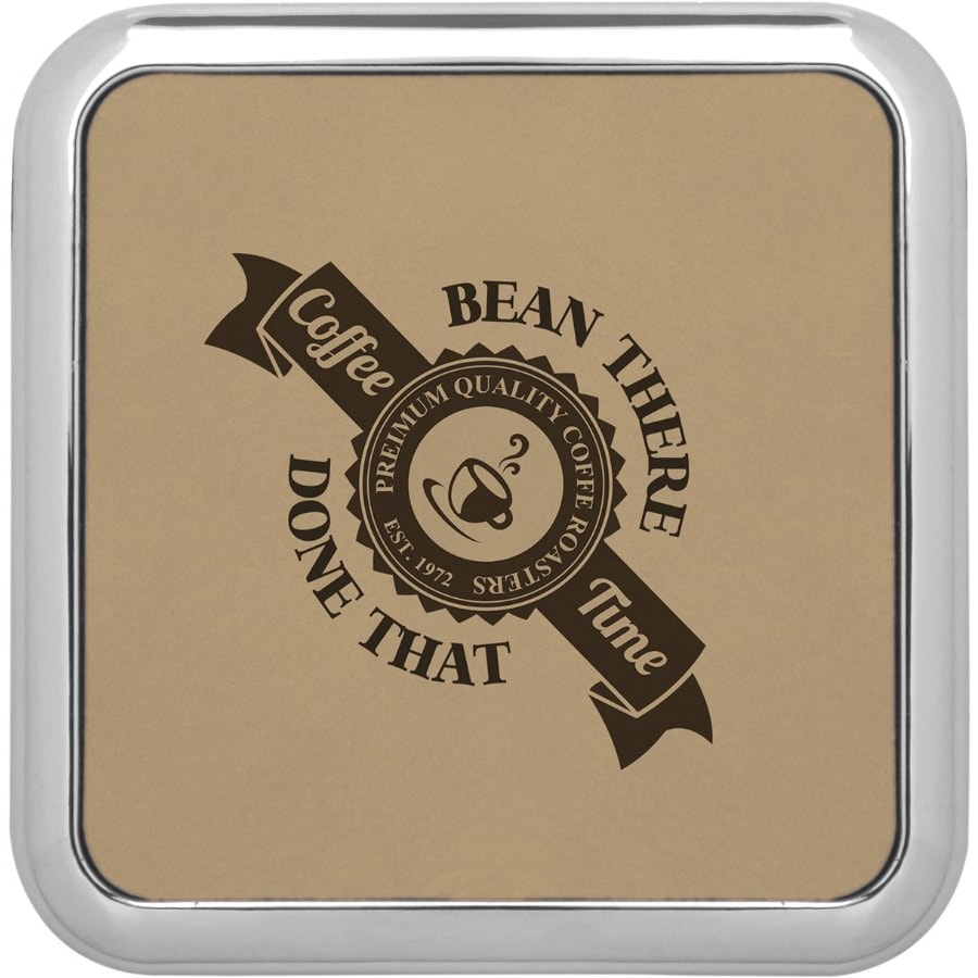 3 5/8" x 3 5/8" Square Light Brown Laserable Leatherette Coaster w/Silver Edge