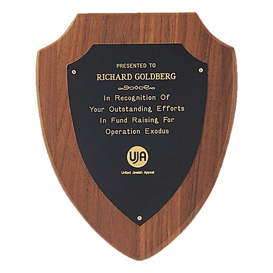 7 1/4" x 9" Jewelers Black Laserable Gold Border Shield Plate on an American Walnut Shield Plaque- Sheffield Series, Style P811