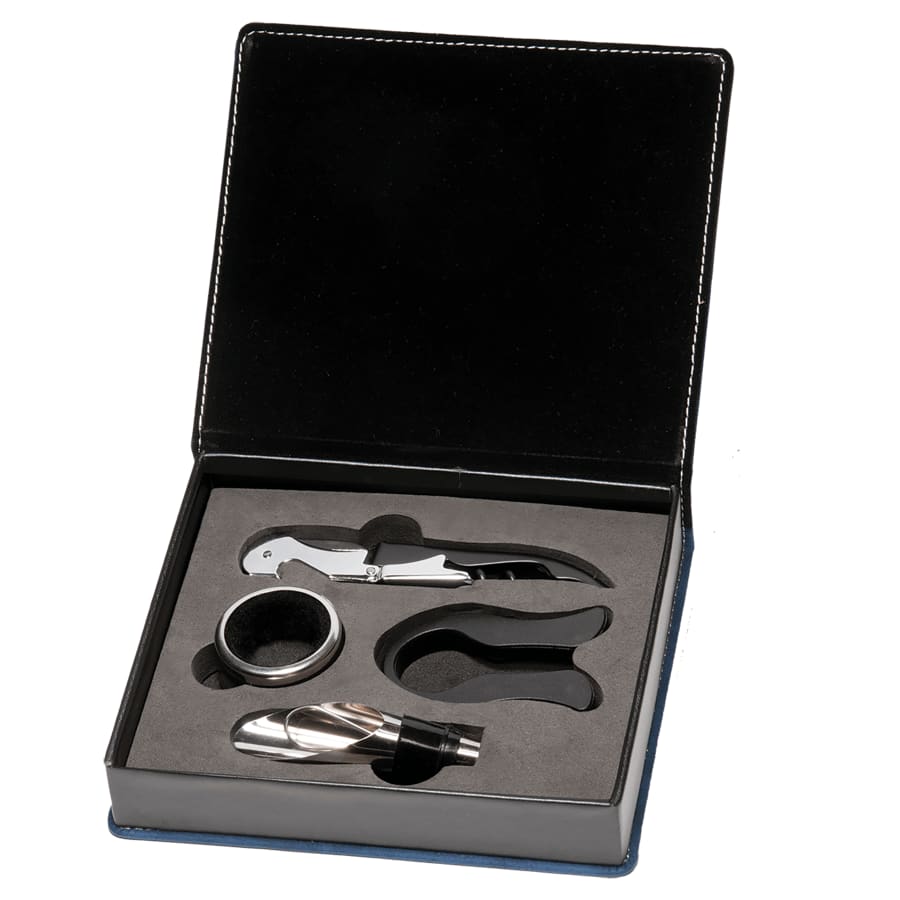 Blue Marbleized Leather Wine Tool Gift Set