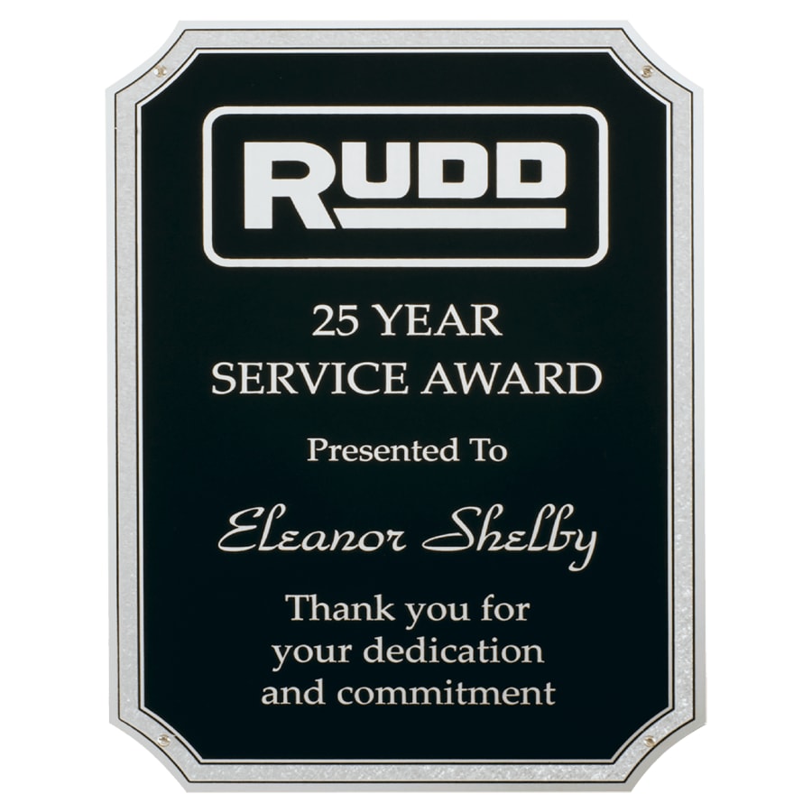 6" x 8 1/2" Black Testured Aluminum Plate with Notched Corners, Silver Florentine Border and Four Holes