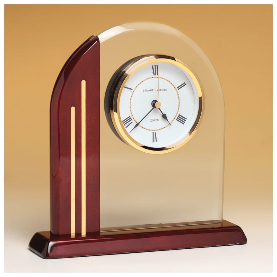7 1/2" x 7 7/8" Arch Clock with Glass Upright and Rosewood Piano Finish Post and Base-Plate Not Included