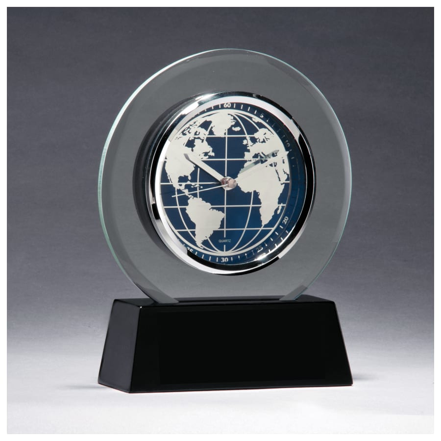 7 1/4" x 8 3/4" Glass Clock with World Dial on Black High Gloss Base-Plate Not Included