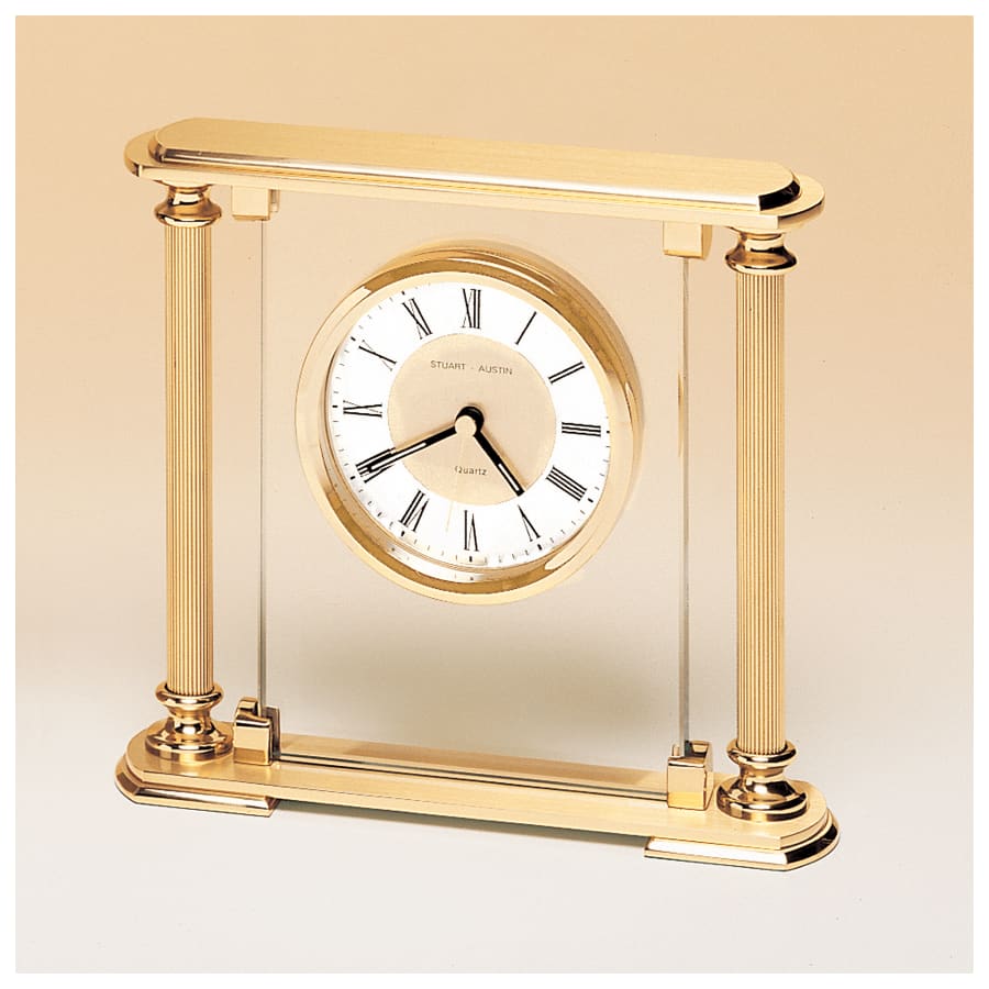6 5/8" x 7 1/4" Glass Upright with Feet & Top, Metal Goldtone Columns, Diamond Spun Dial, 3 Hands-Plate Not Included