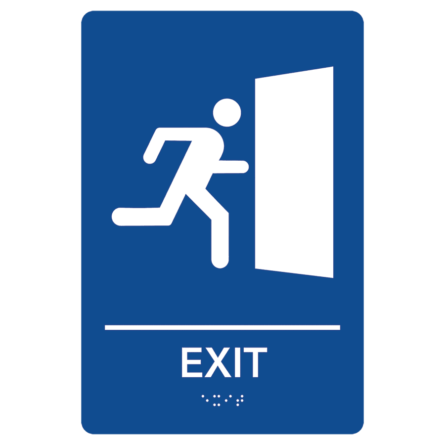 Exit Pre-Designed ADA Sign, Blue/White, 6" x 9"