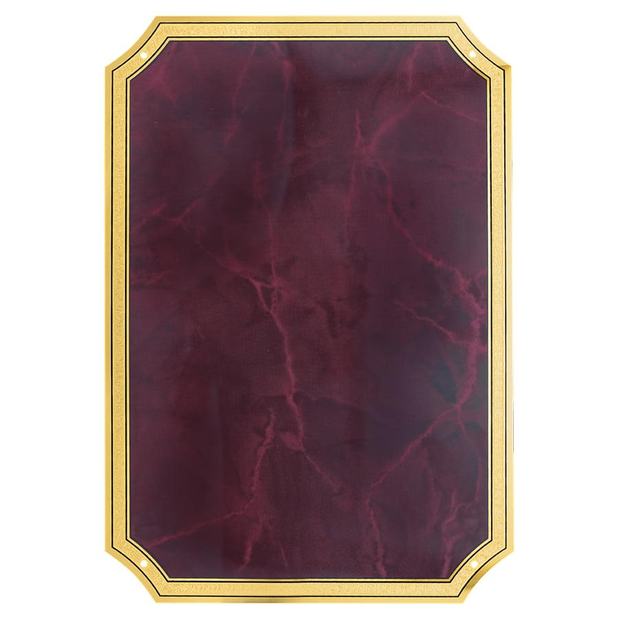 5 1/4" x 7 1/4" Ruby Marble Brass Plated Steel Plate with Four Holes, Notched Corners, and Florentine Design Border