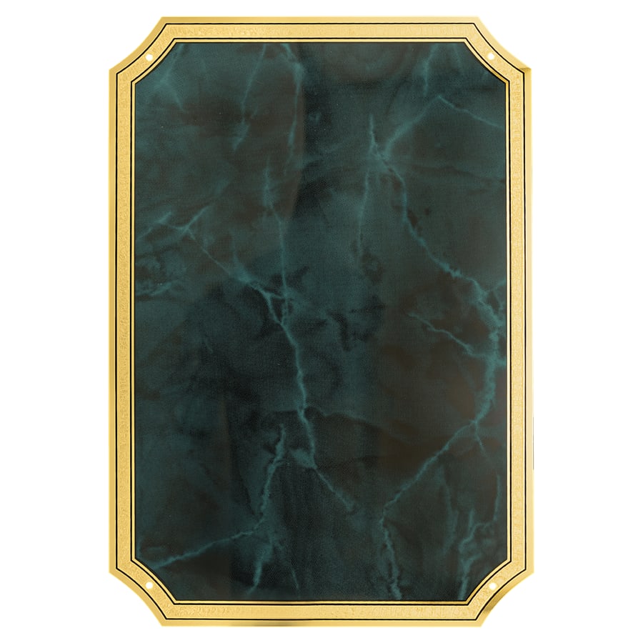 6" x 8 1/2" Emerald Marble Brass Plated Steel Plate with Four Holes, Notched Corners, and Florentine Design Border