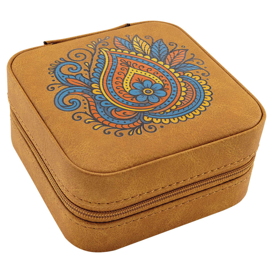 Travel Jewelry Box - Laserable Leatherette, Creekside Collection, 4" x 4", Light Brown