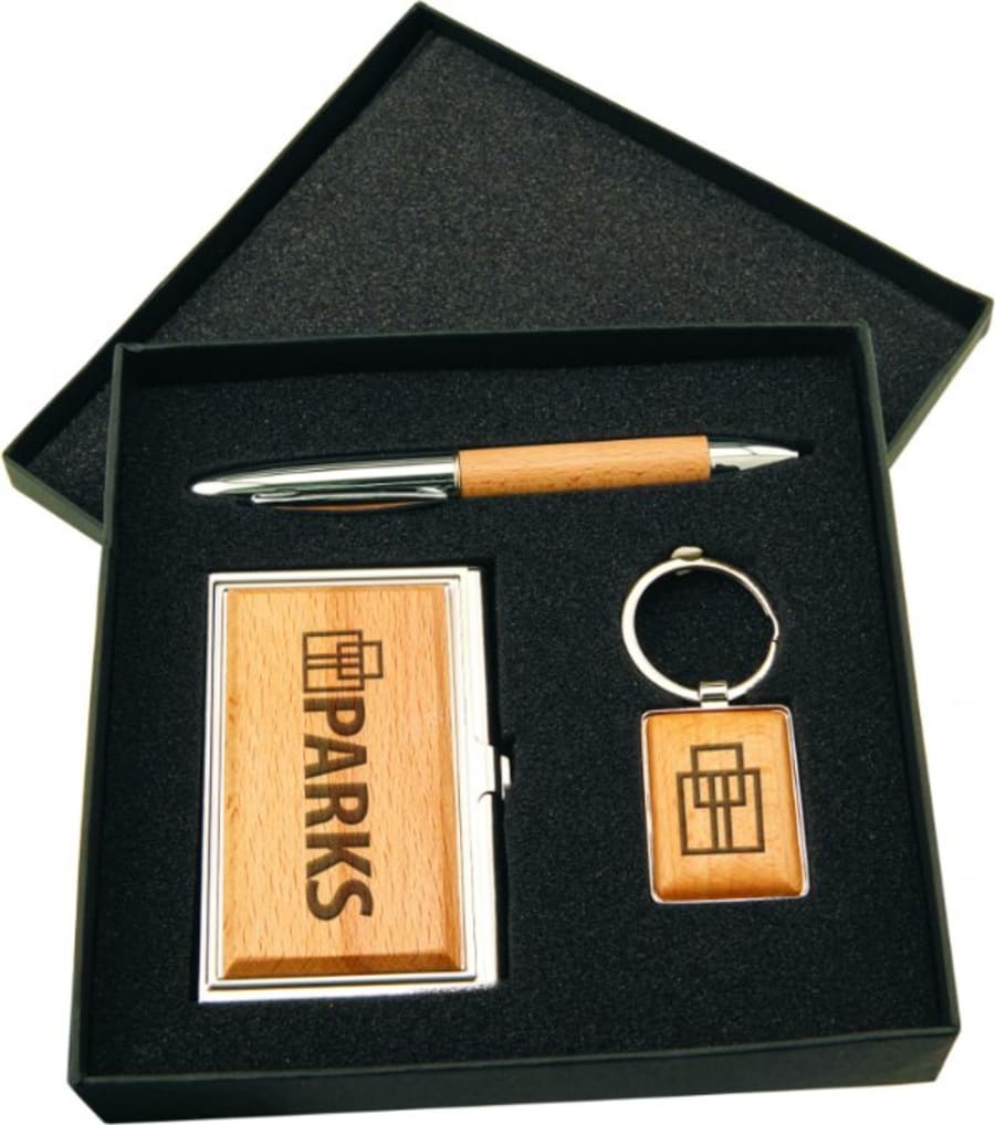 JDS GFT200 Silver/Wood Finish Gift Set with Business Card Case, Pen & Keychain