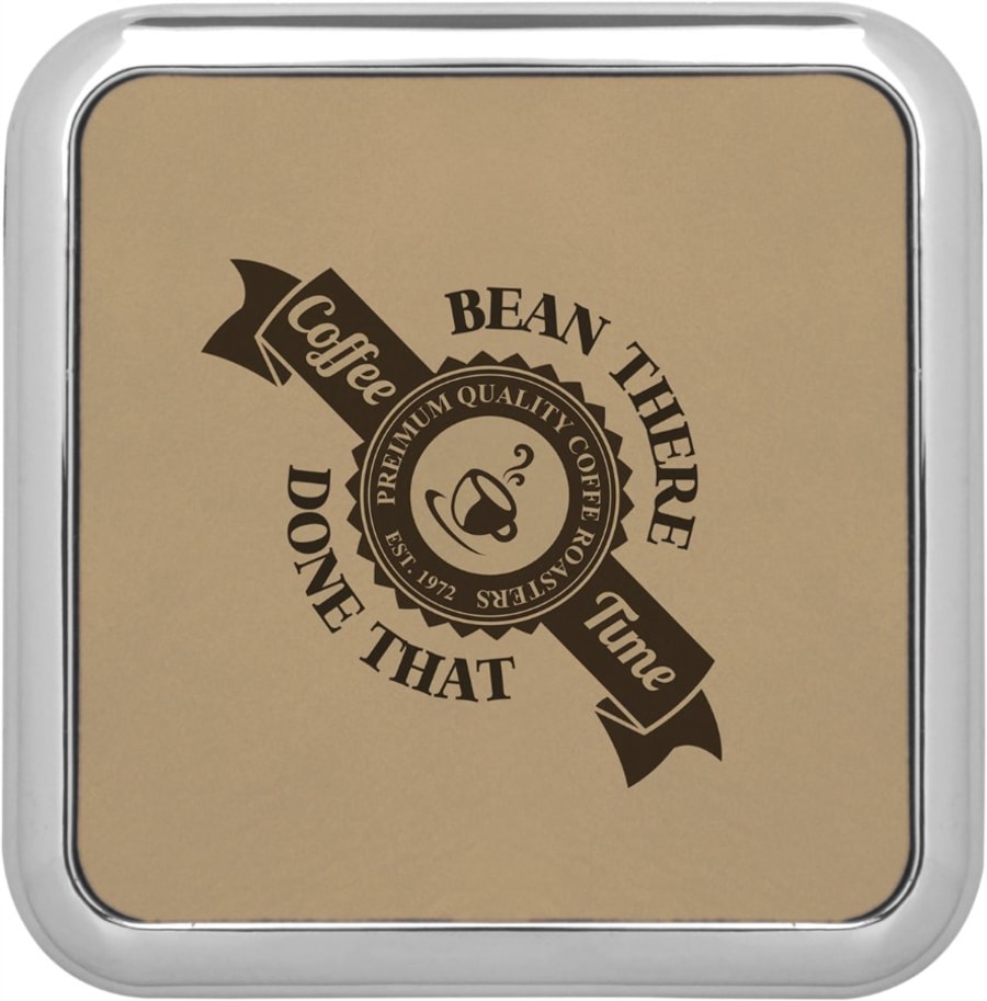 JDS GFT420 3 5/8" x 3 5/8" Square Light Brown Laserable Leatherette Coaster w/Silver Edge