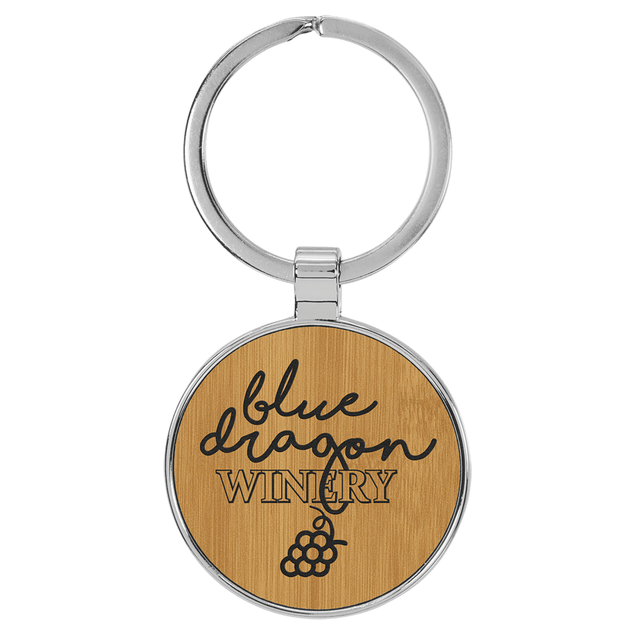 JDS GFT2200 1 1/2" Laserable Leatherette/Metal Bamboo Round Keychain