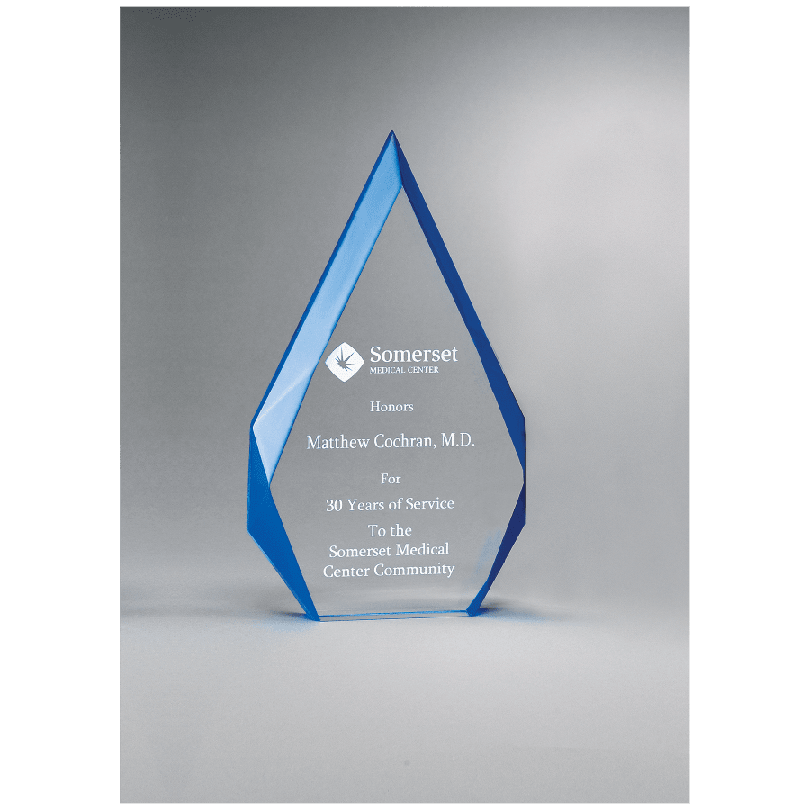 JDS A6748 4 1/4" x 7 7/8" Flame Series Clear Freestanding Acrylic with Blue Accented Bevels