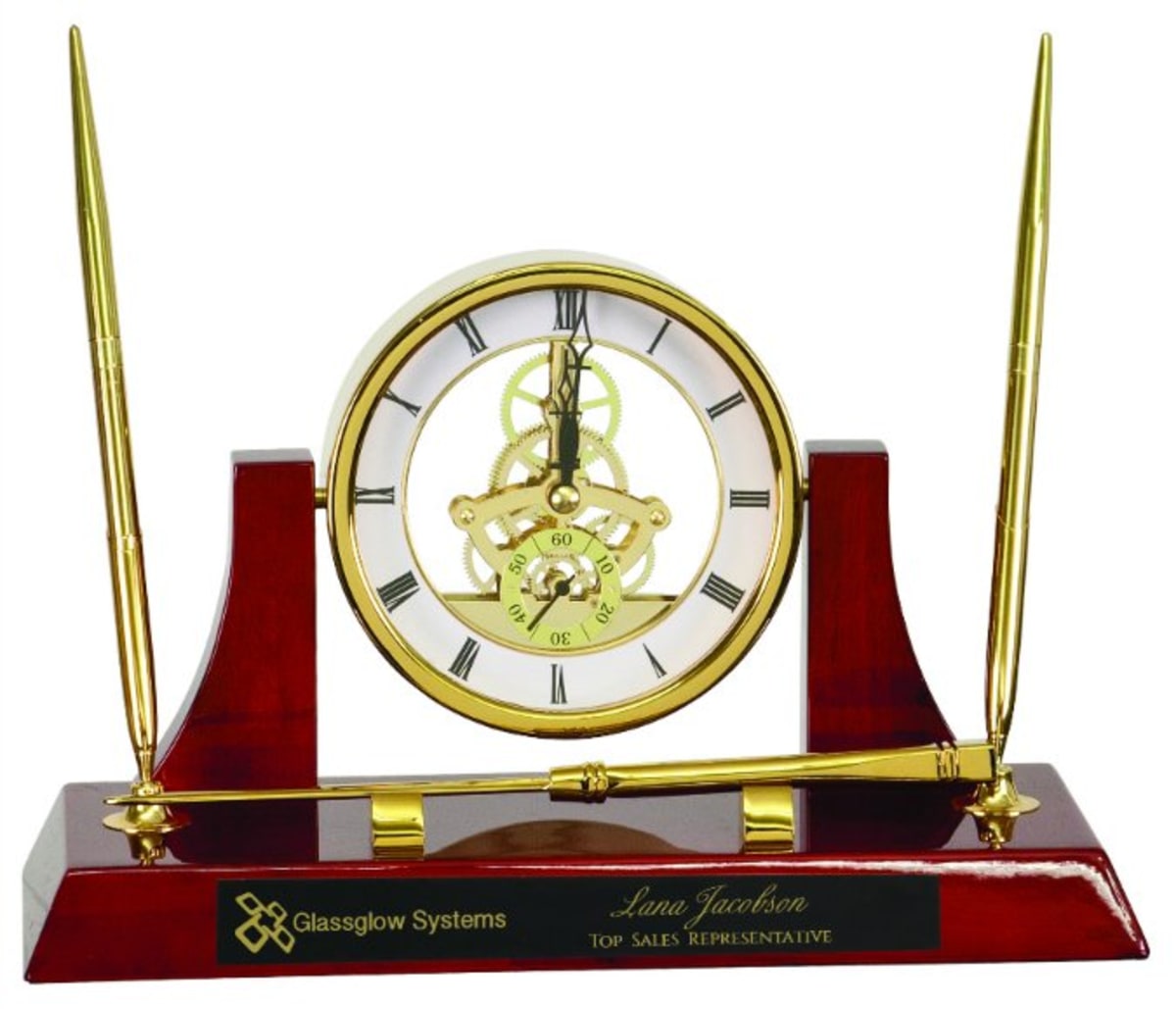 Custom Executive/Rosewood Piano Finish Clock w/2 Pens/Letter Opener (10 1/2