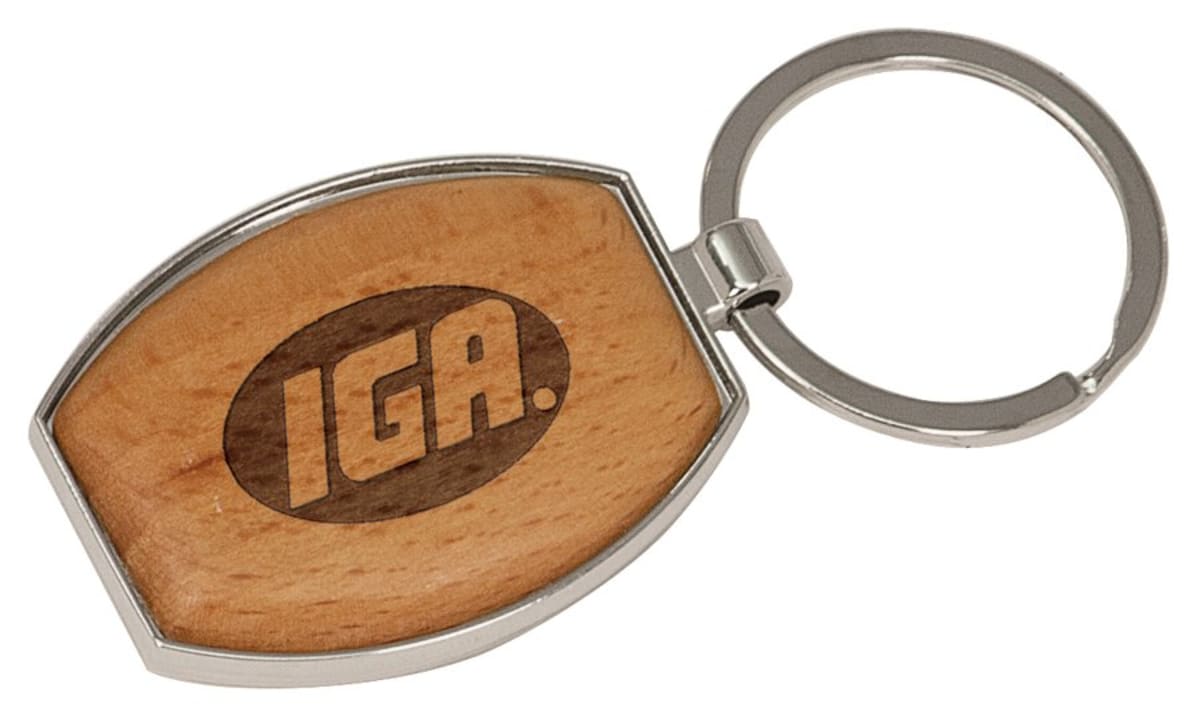 Custom Silver/Wood Laserable Oval Keychain (1 1/2