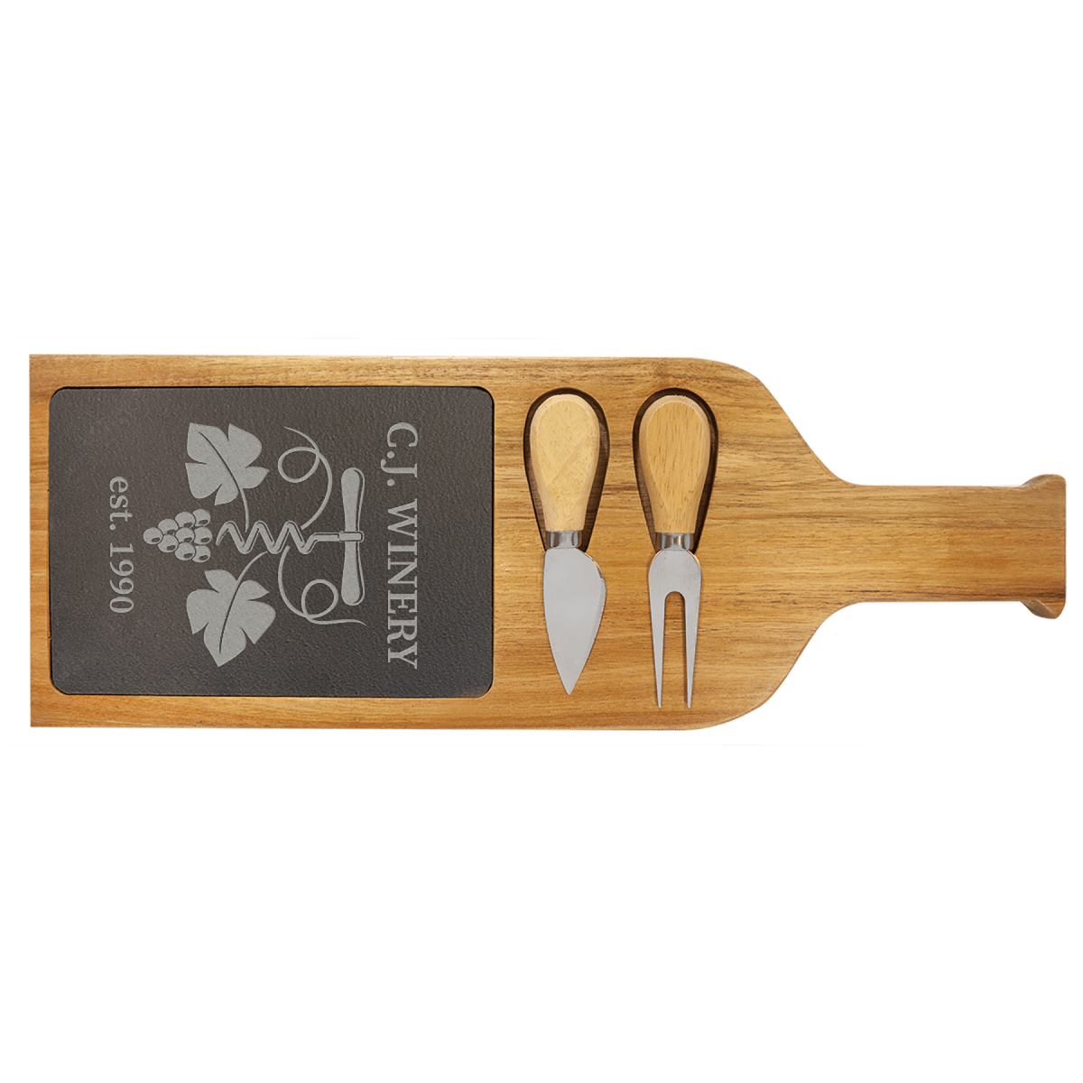 Custom Acacia Wood/Slate Serving Board with Two Tools (17 1/2