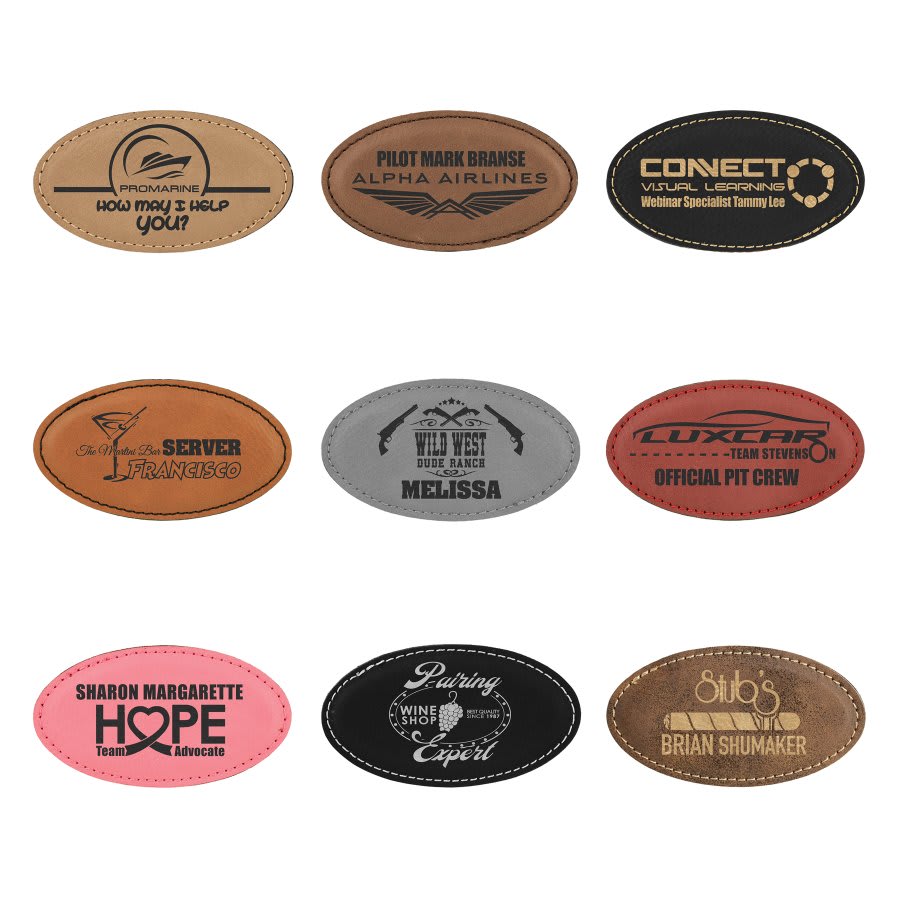 3 1/4" x 1 3/4" Laserable Leatherette Oval Badge Blank with Magnet Sample Set