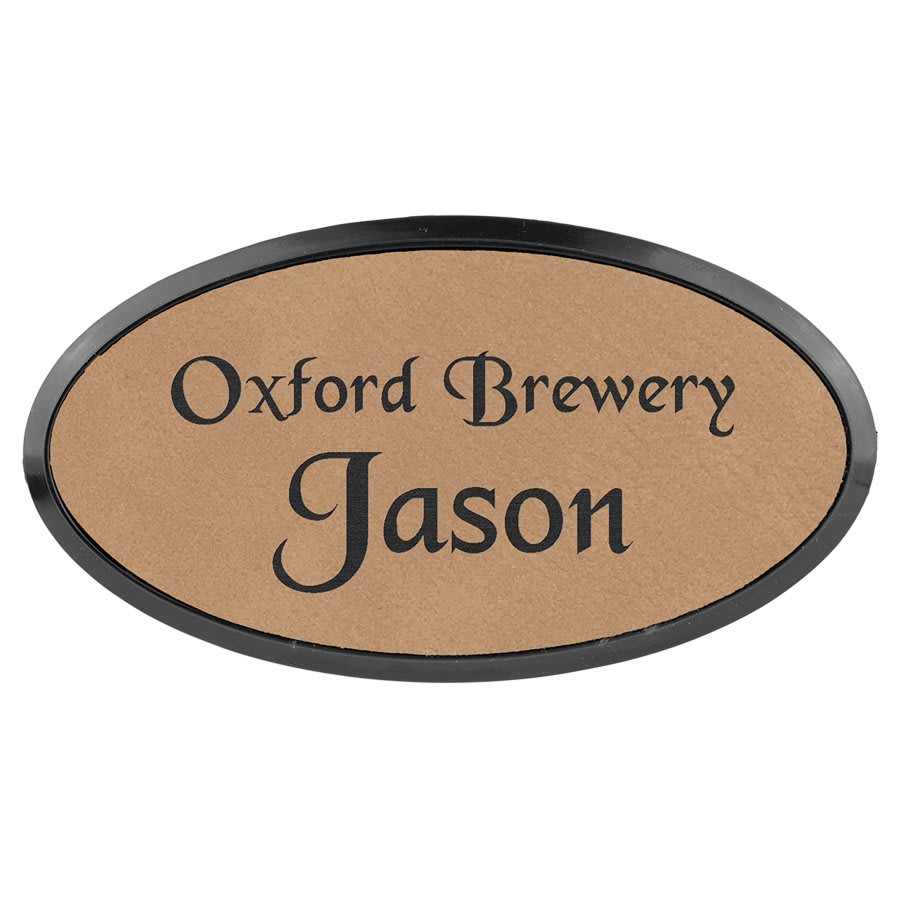 3" x 1 1/2" Light Brown Laserable Leatherette Oval Badge & Frame