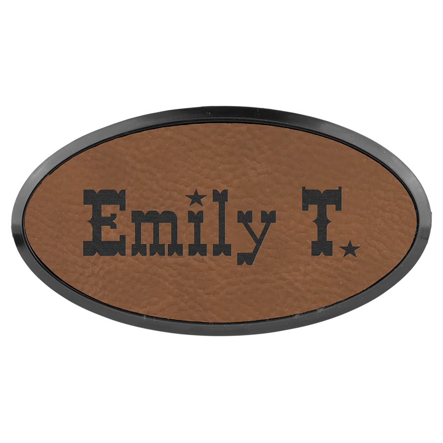 3" x 1 1/2" Dark Brown Laserable Leatherette Oval Badge & Frame