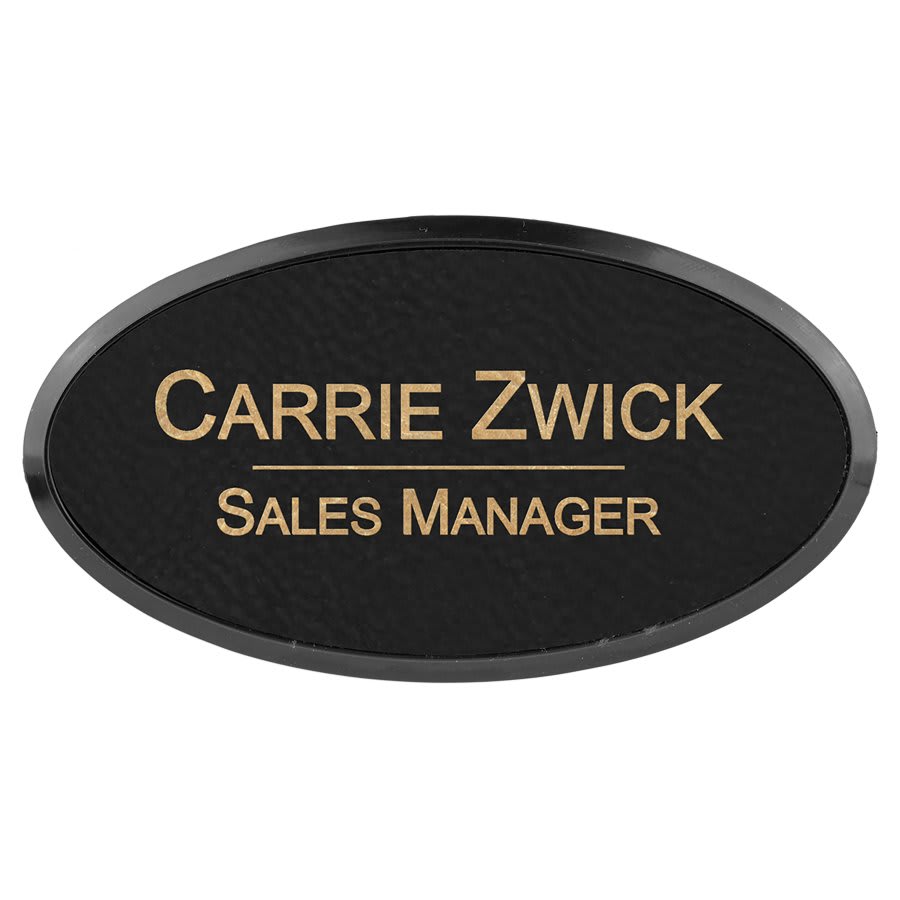 3" x 1 1/2" Black/Gold Laserable Leatherette Oval Badge & Frame