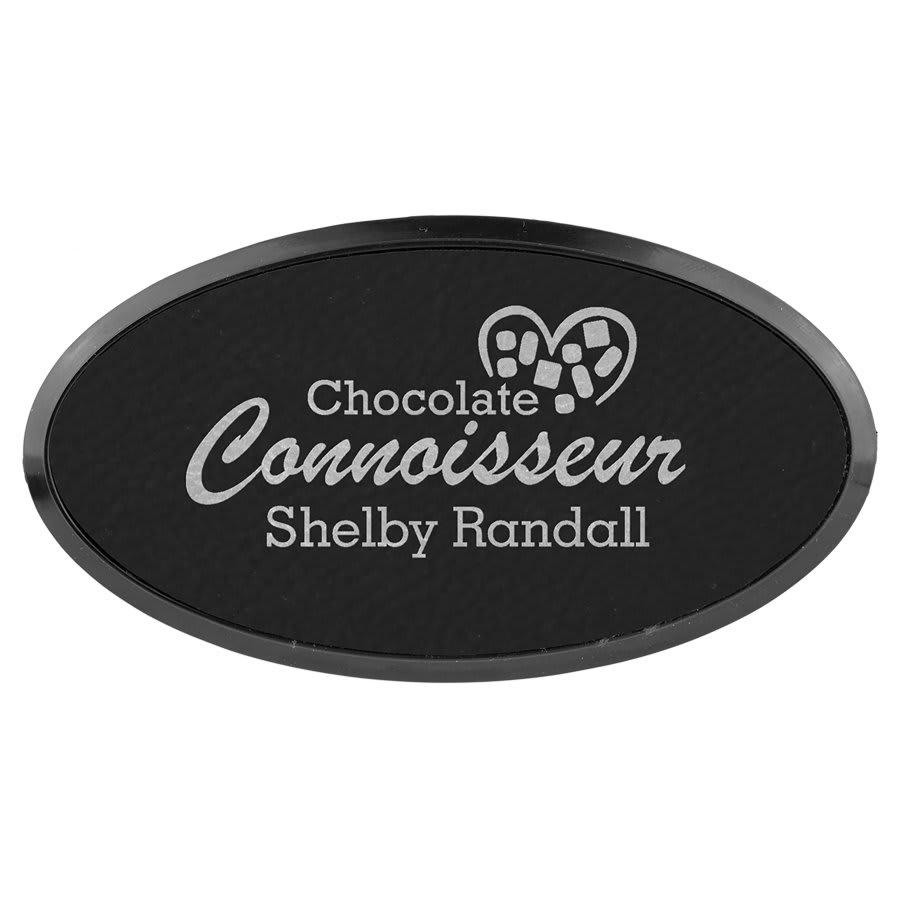 3" x 1 1/2" Black/Silver Laserable Leatherette Oval Badge & Frame