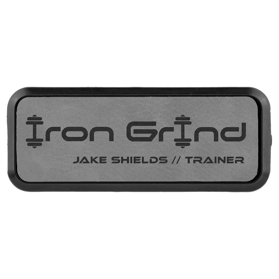 3" x 1" Gray Laserable Leatherette Round Corner Badge & Frame