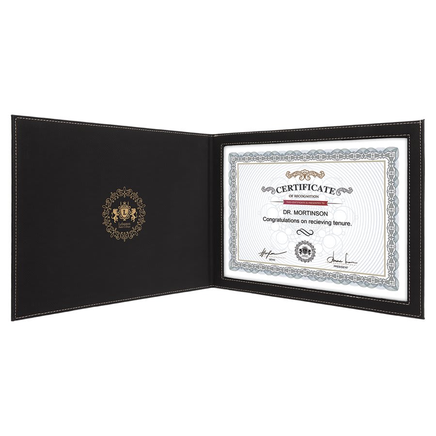 9" x 12" Black/Gold Laserable Leatherette Certificate Holder for 8 1/2" x 11"
