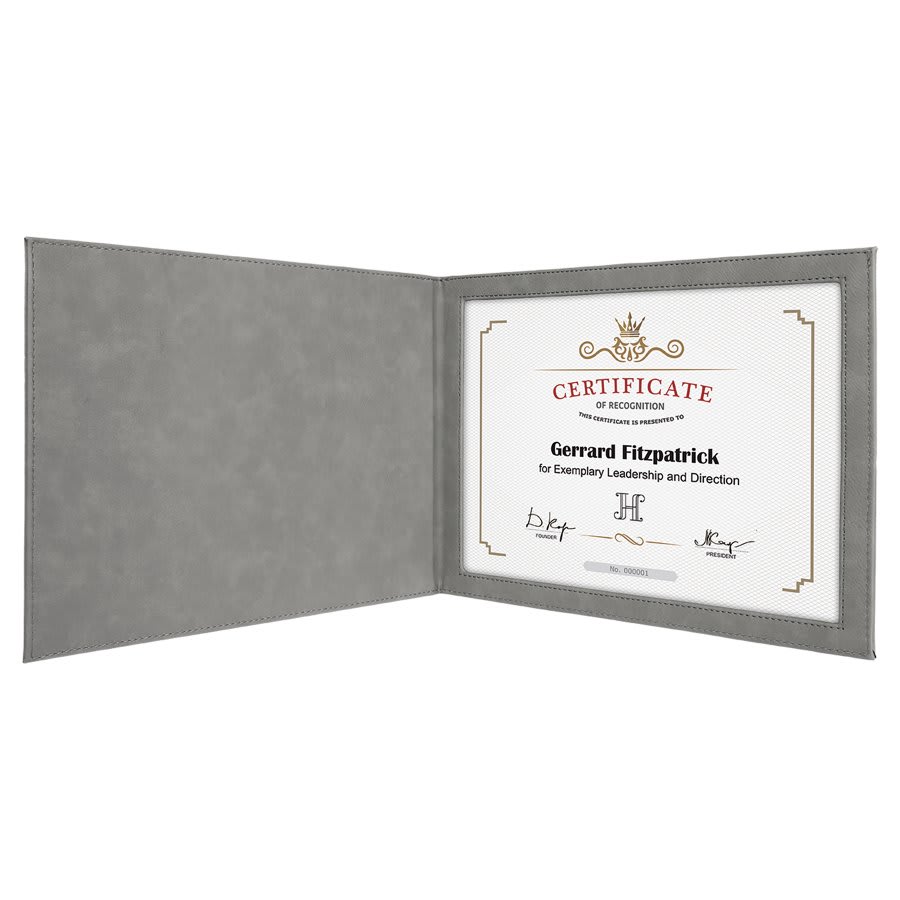 9" x 12" Gray Laserable Leatherette Certificate Holder for 8 1/2" x 11"