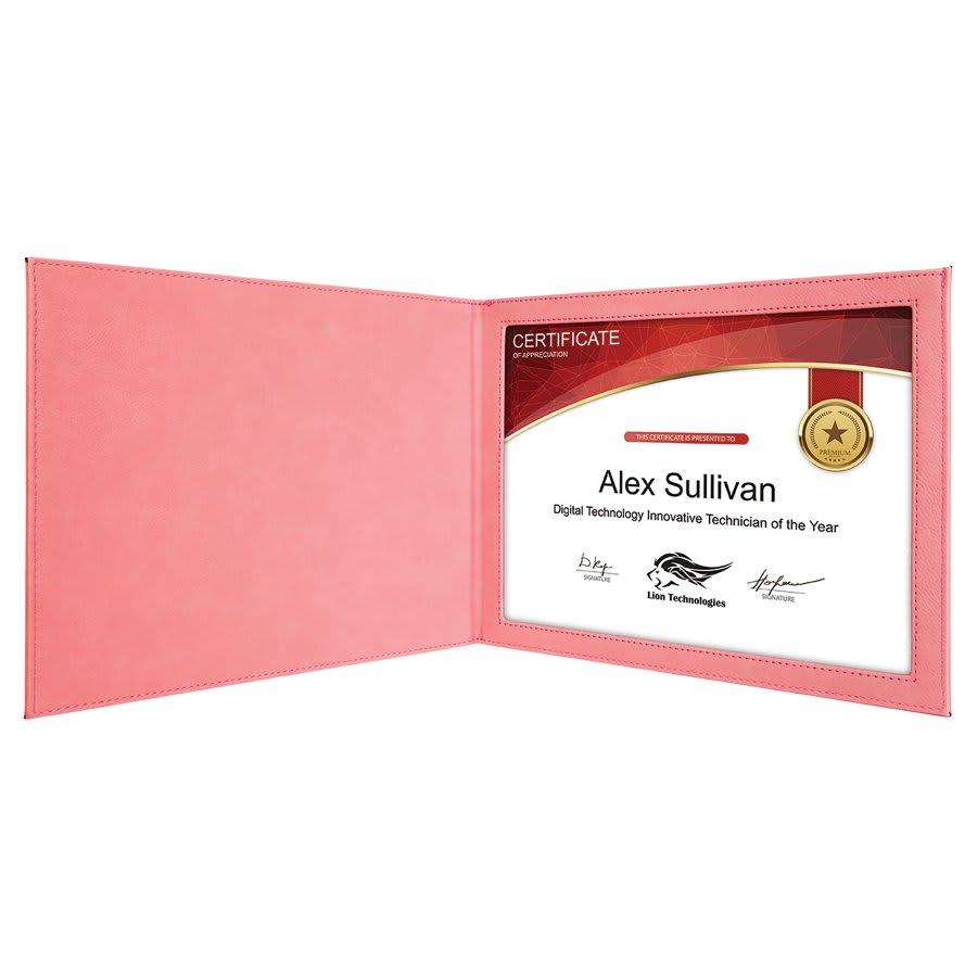 9" x 12" Pink Laserable Leatherette Certificate Holder for 8 1/2" x 11"